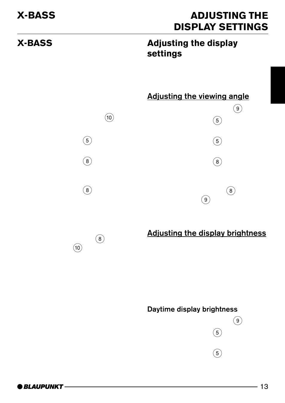 Adjusting the display settings 13, X-bass adjusting the display settings, X-bass | Adjusting the display settings | Blaupunkt MP74 US User Manual | Page 13 / 42