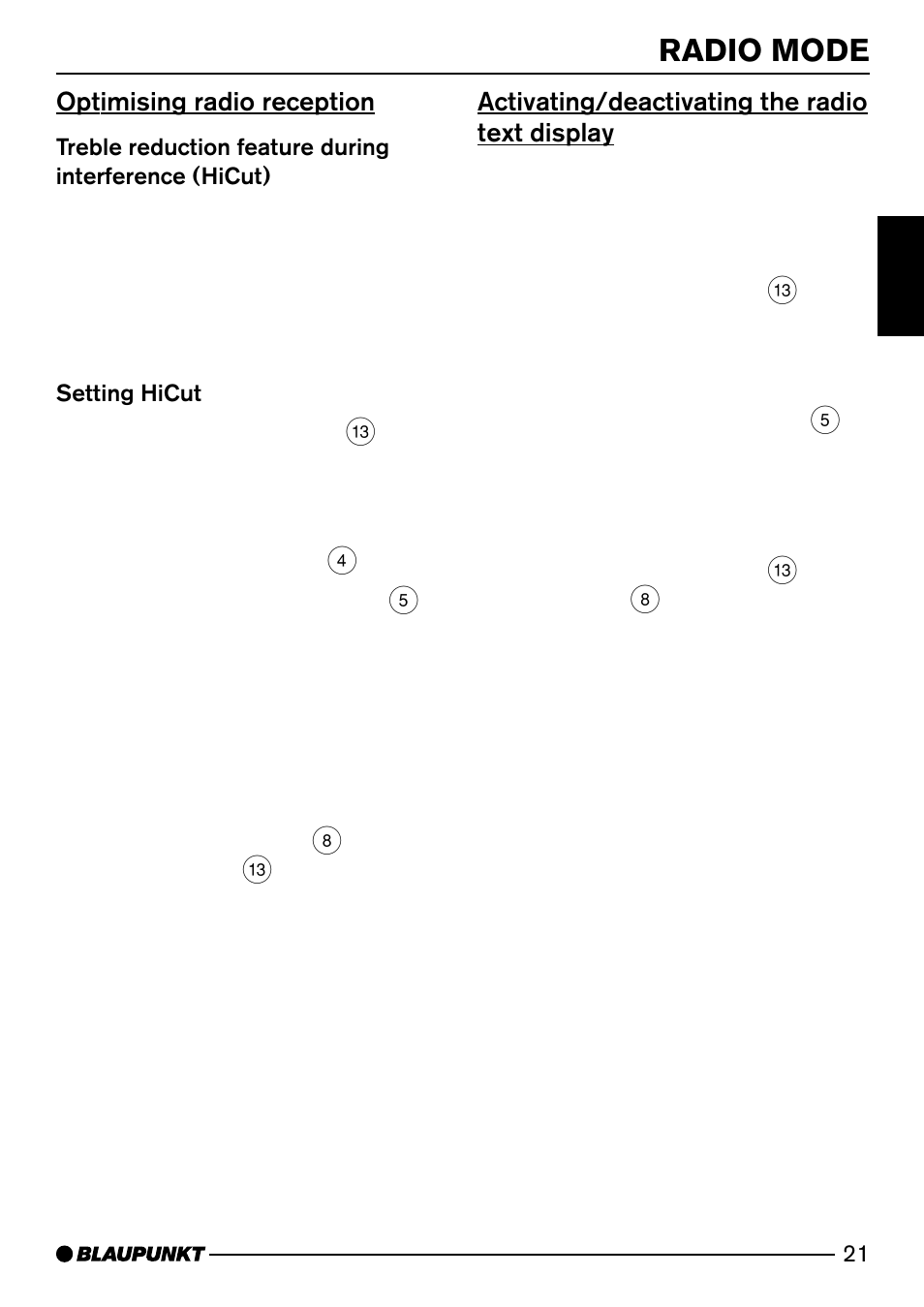 Radio mode, Optimising radio reception, Activating/deactivating the radio text display | Blaupunkt MP74 US User Manual | Page 21 / 42