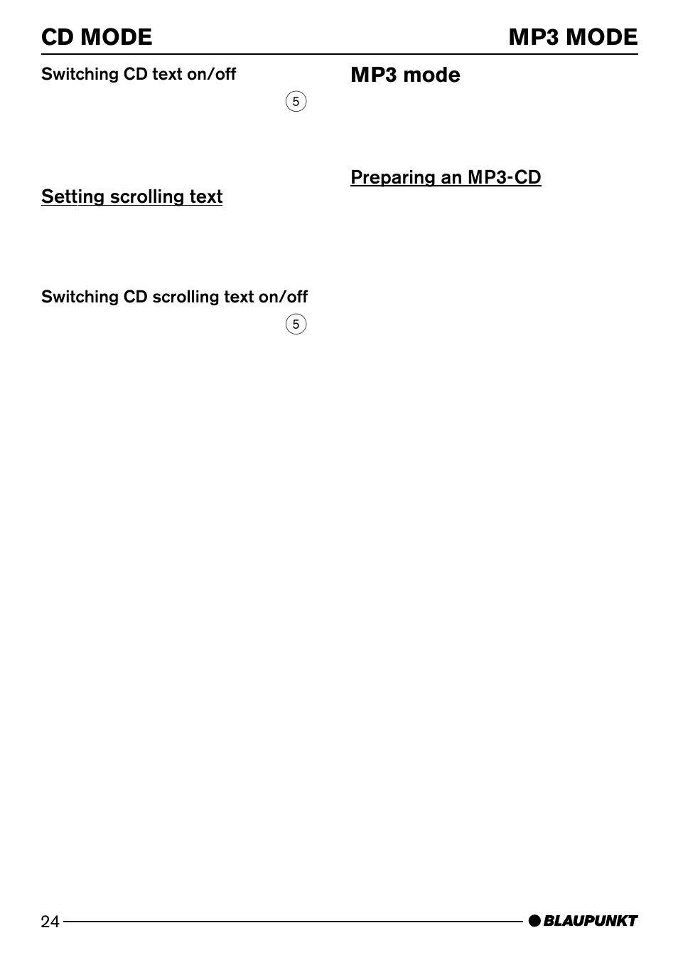 Cd mode 22, Cd mode mp3 mode, Mp3 mode | Blaupunkt MP74 US User Manual | Page 24 / 42