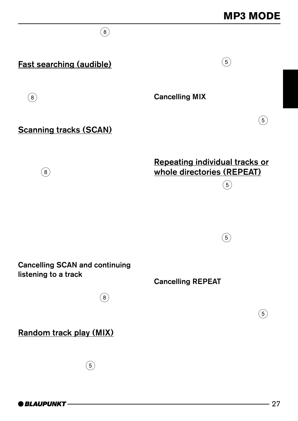 Mp3 mode, Fast searching (audible), Scanning tracks (scan) | Random track play (mix) | Blaupunkt MP74 US User Manual | Page 27 / 42