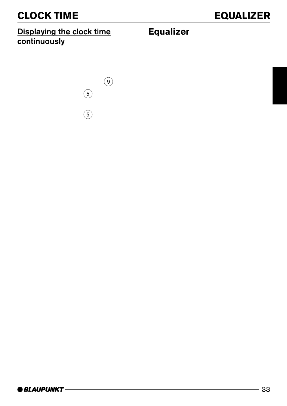 Clock time equalizer, Equalizer, Displaying the clock time continuously | Blaupunkt MP74 US User Manual | Page 33 / 42