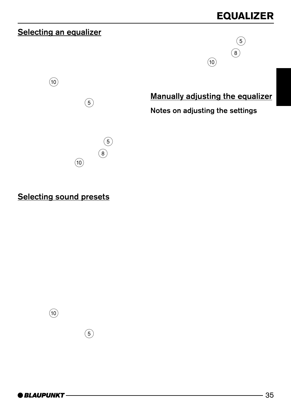 Equalizer, Selecting an equalizer, Selecting sound presets | Manually adjusting the equalizer | Blaupunkt MP74 US User Manual | Page 35 / 42