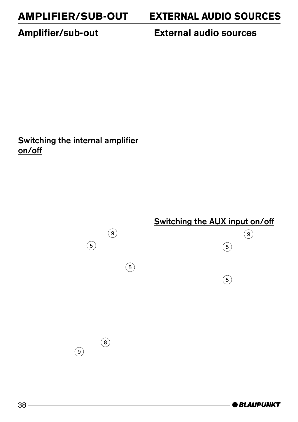 Amplifier/sub-out external audio sources, Amplifier/sub-out, External audio sources | Blaupunkt MP74 US User Manual | Page 38 / 42