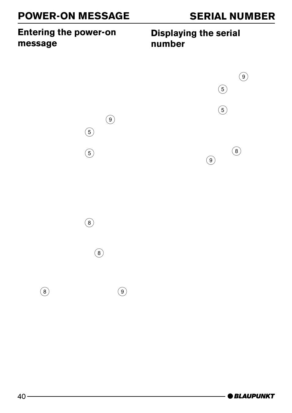 Power-on message serial number, Entering the power-on message, Displaying the serial number | Blaupunkt MP74 US User Manual | Page 40 / 42