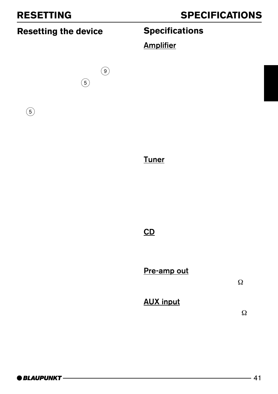 Resetting specifications, Resetting the device, Specifications | Amplifier, Tuner, Pre-amp out, Aux input | Blaupunkt MP74 US User Manual | Page 41 / 42