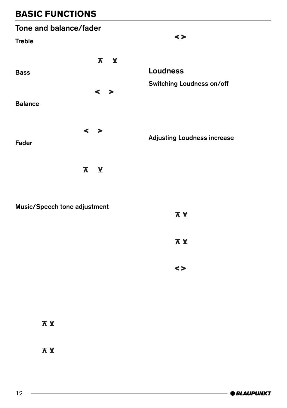 Basic functions, Tone and balance/fader, Loudness | Blaupunkt AntaresT60 User Manual | Page 12 / 52