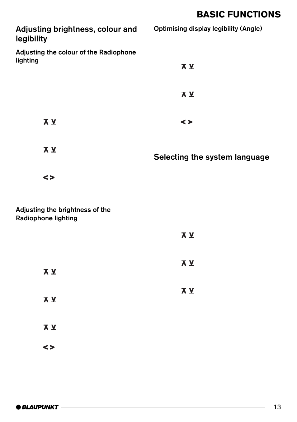 Basic functions, Adjusting brightness, colour and legibility, Selecting the system language | Blaupunkt AntaresT60 User Manual | Page 13 / 52