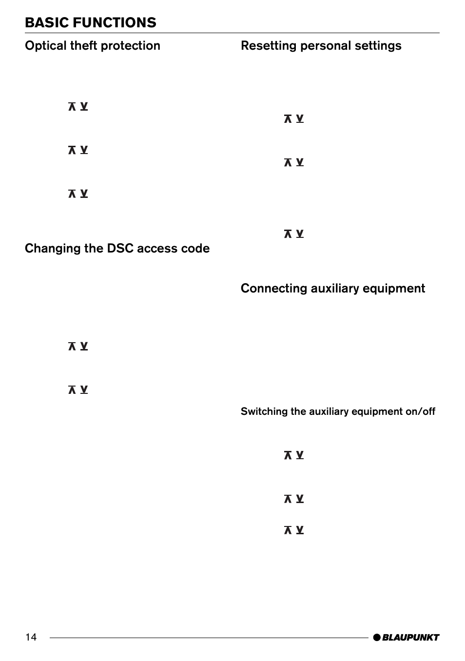 Basic functions, Optical theft protection, Changing the dsc access code | Resetting personal settings, Connecting auxiliary equipment | Blaupunkt AntaresT60 User Manual | Page 14 / 52