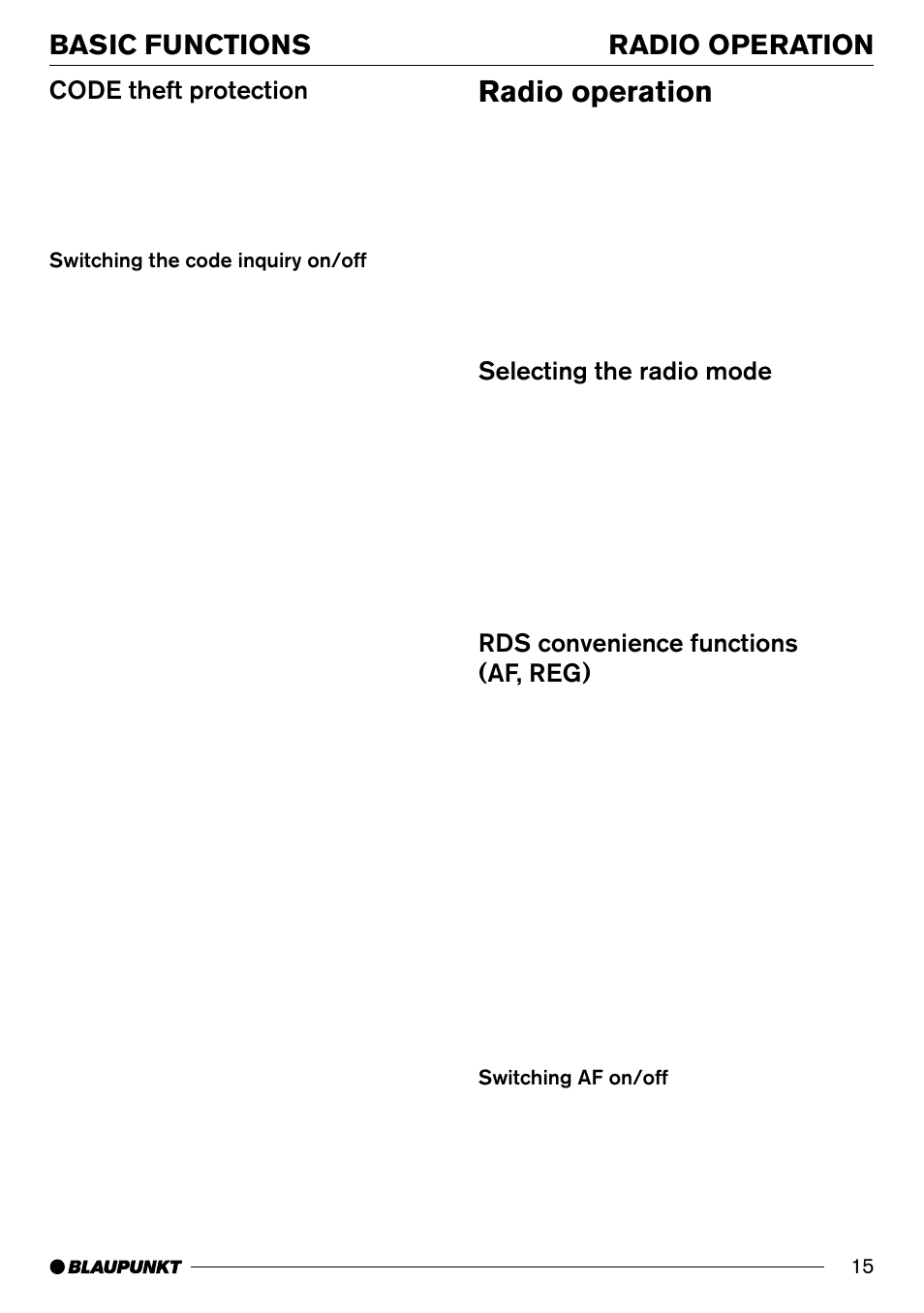 Radio operation 15, Radio operation, Radio operation basic functions | Code theft protection, Selecting the radio mode, Rds convenience functions (af, reg) | Blaupunkt AntaresT60 User Manual | Page 15 / 52