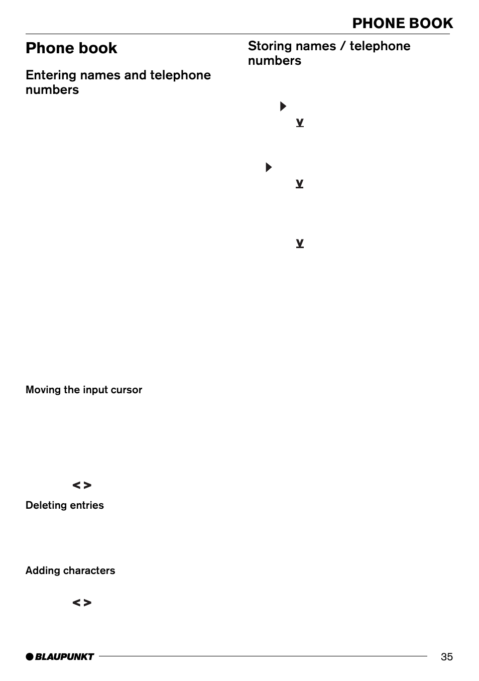 Phone book, Entering names and telephone numbers, Storing names / telephone numbers | Blaupunkt AntaresT60 User Manual | Page 35 / 52