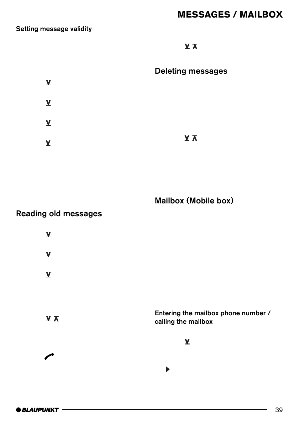 Messages / mailbox, Reading old messages, Deleting messages | Mailbox (mobile box) | Blaupunkt AntaresT60 User Manual | Page 39 / 52