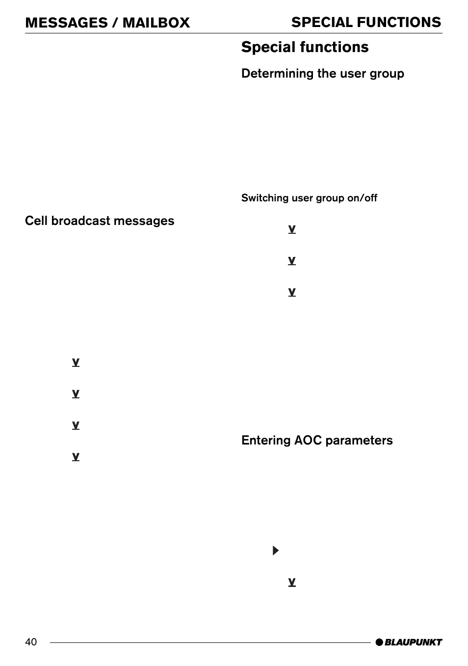 Special functions, Messages / mailbox | Blaupunkt AntaresT60 User Manual | Page 40 / 52