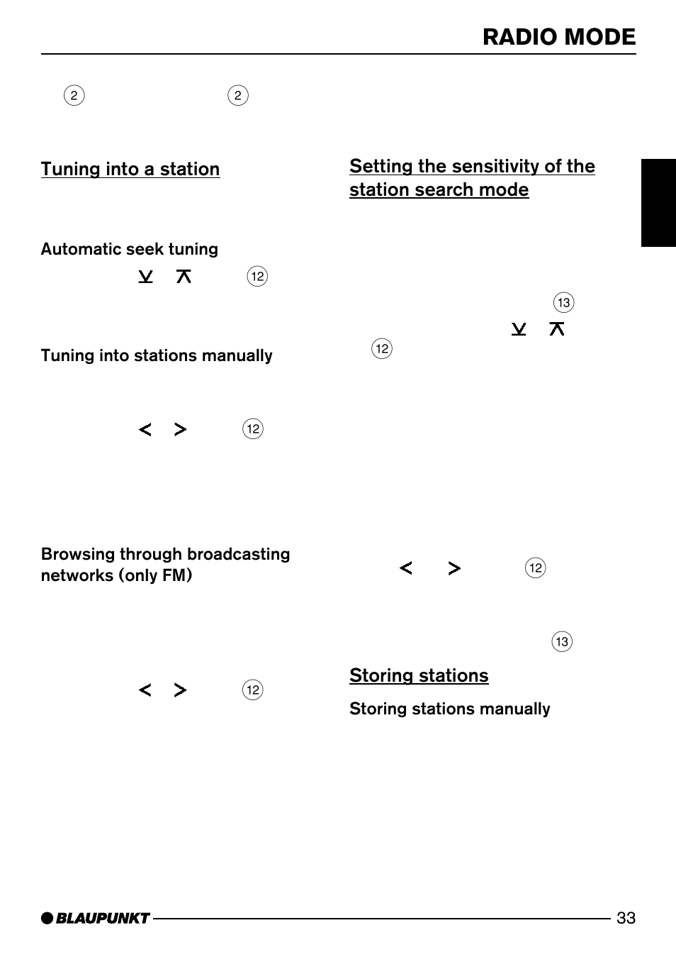 Radio mode, Tuning into a station, Setting the sensitivity of the station search mode | Storing stations | Blaupunkt Dresden C31 User Manual | Page 12 / 25