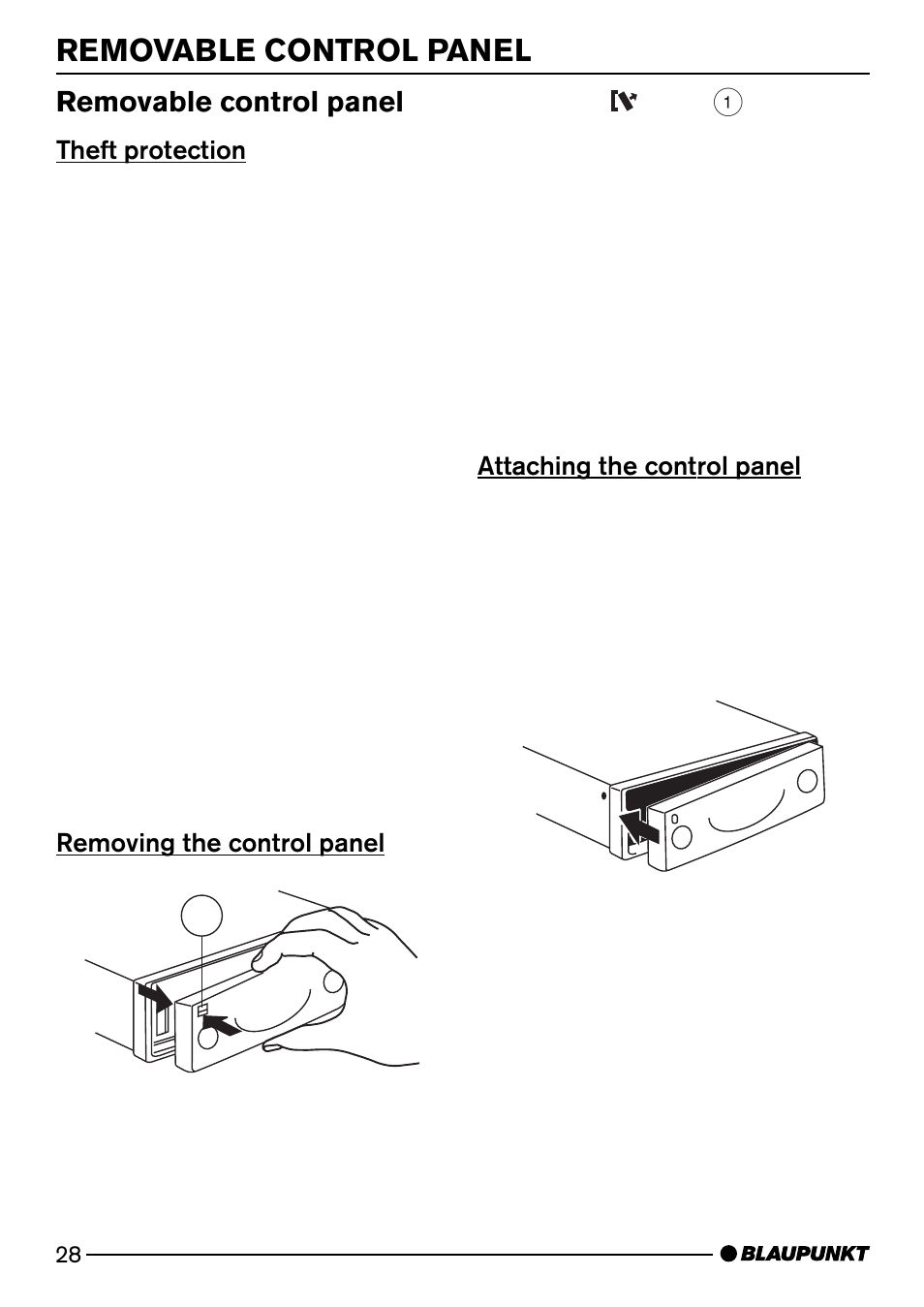 Removable control panel, Theft protection, Removing the control panel 1 | Attaching the control panel | Blaupunkt Dresden C31 User Manual | Page 7 / 25