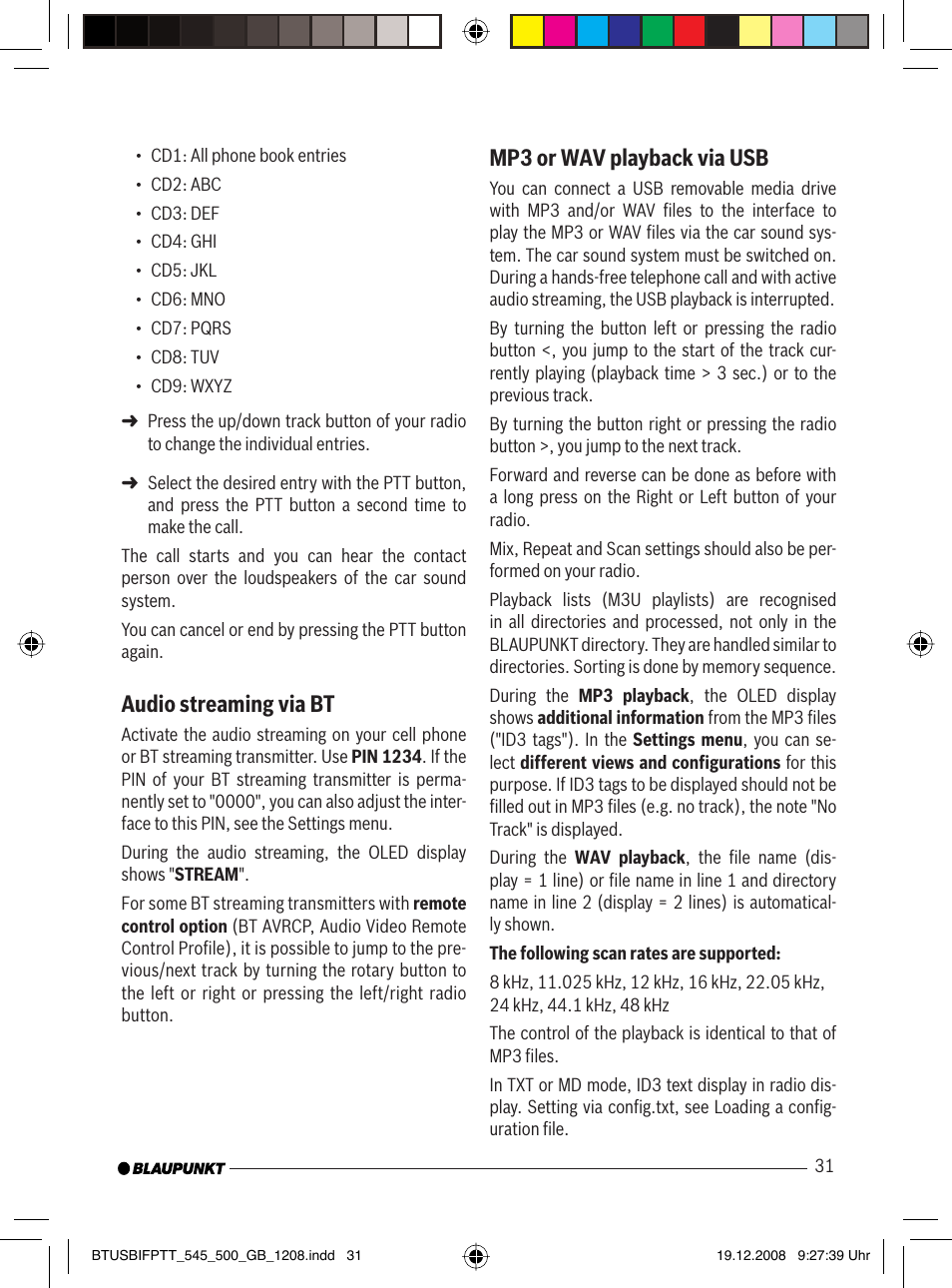 Audio streaming via bt, Mp3 or wav playback via usb | Blaupunkt 7 607 548 500 User Manual | Page 12 / 25