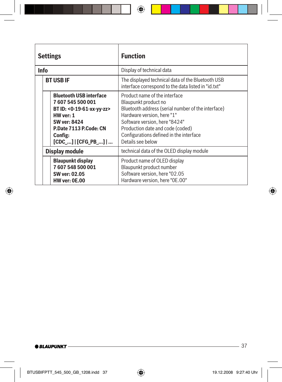 Settings function | Blaupunkt 7 607 548 500 User Manual | Page 18 / 25