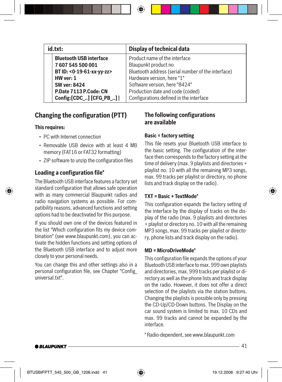 Changing the conﬁ guration (ptt) | Blaupunkt 7 607 548 500 User Manual | Page 22 / 25