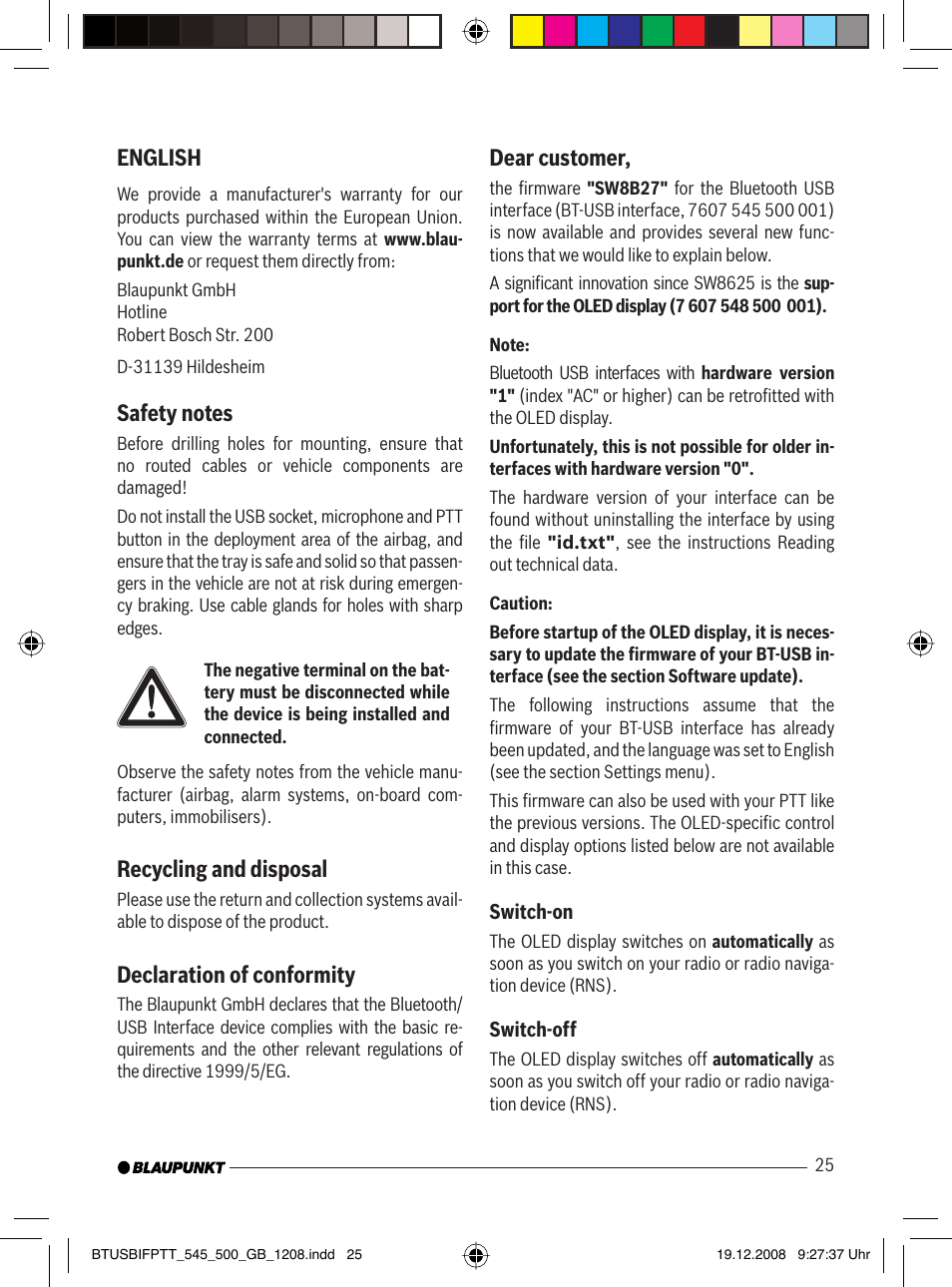 English, Recycling and disposal, Declaration of conformity | Dear customer | Blaupunkt 7 607 548 500 User Manual | Page 6 / 25