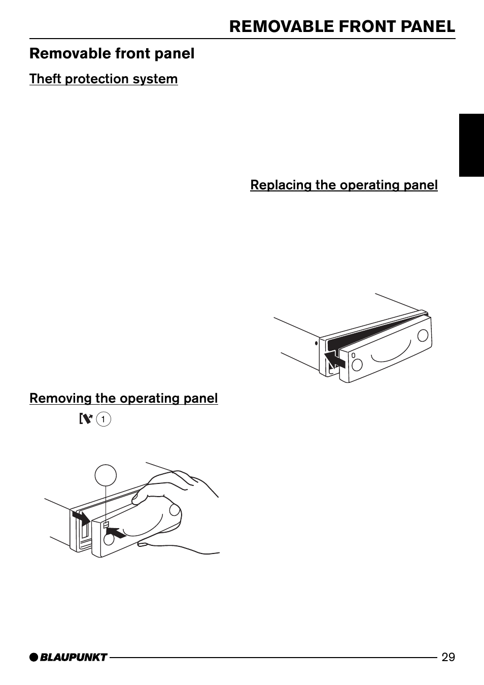 Removable front panel, Theft protection system, Removing the operating panel | Replacing the operating panel | Blaupunkt Dsseldorf C50 User Manual | Page 7 / 26