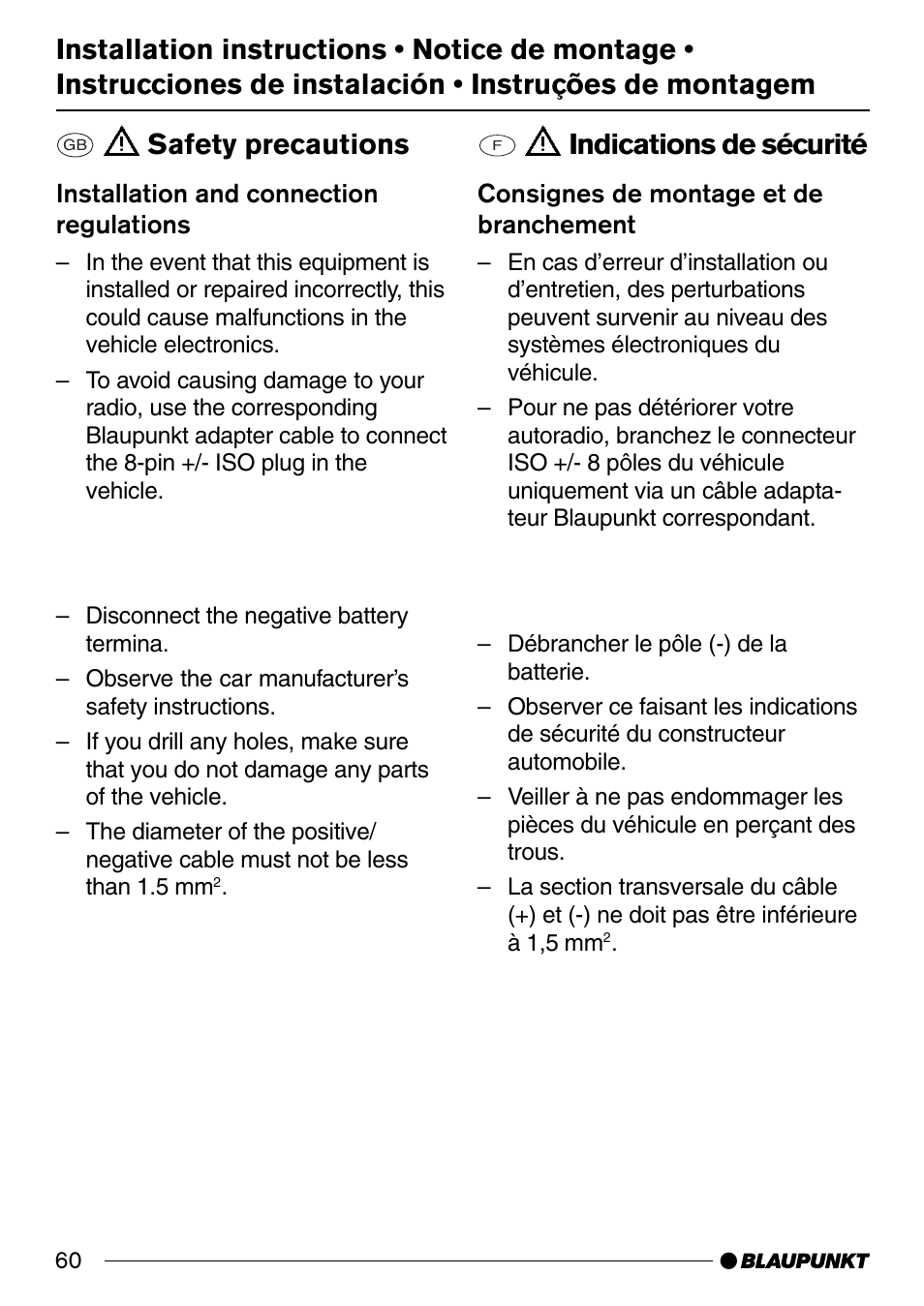 Indications de sécurité, Safety precautions | Blaupunkt St. Louis C32 User Manual | Page 20 / 25