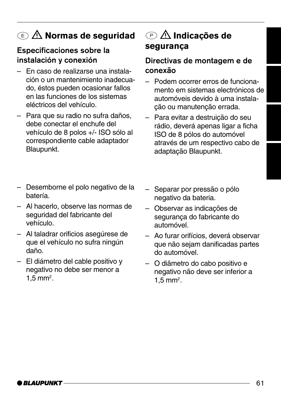 Normas de seguridad, Indicações de segurança, Especificaciones sobre la instalación y conexión | Directivas de montagem e de conexão | Blaupunkt St. Louis C32 User Manual | Page 21 / 25