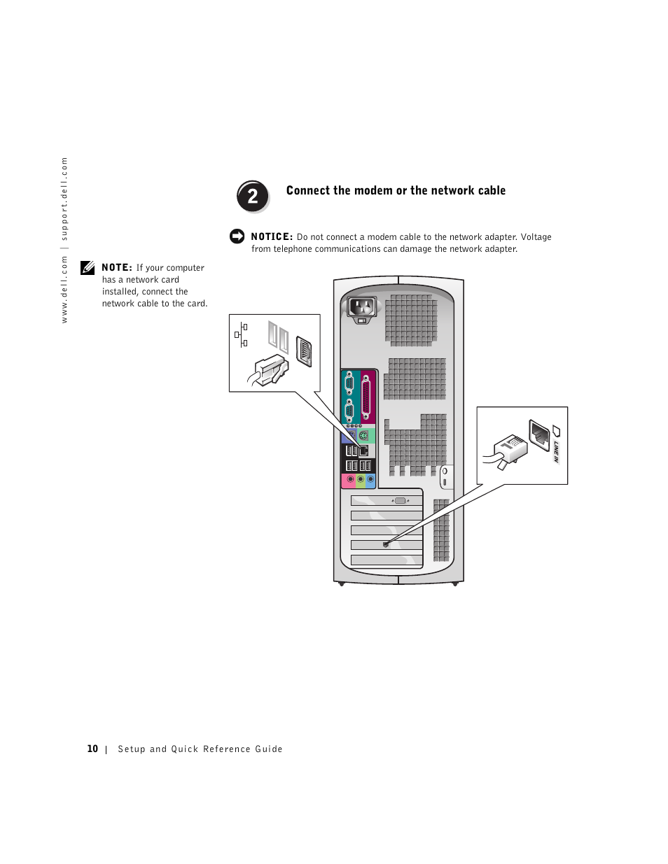 Connect the modem or the network cable | Dell Precision 350 User Manual | Page 10 / 148