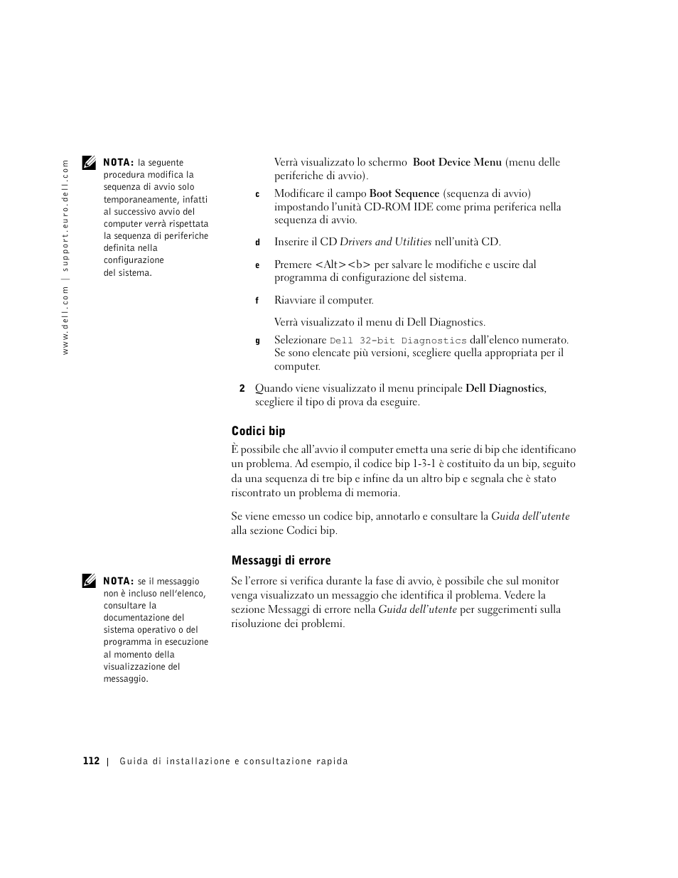 Codici bip, Messaggi di errore | Dell Precision 350 User Manual | Page 112 / 148