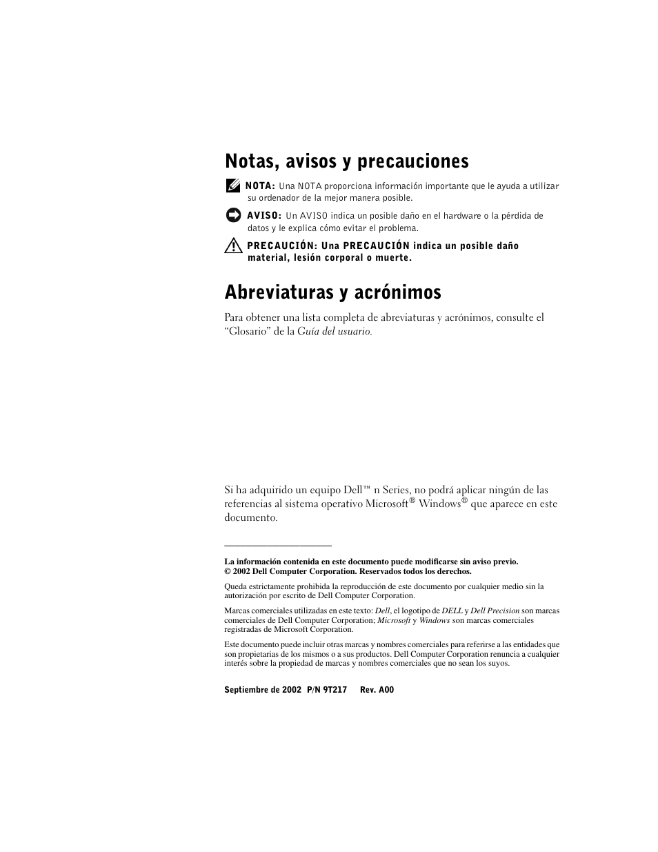 Notas, avisos y precauciones, Abreviaturas y acrónimos | Dell Precision 350 User Manual | Page 120 / 148
