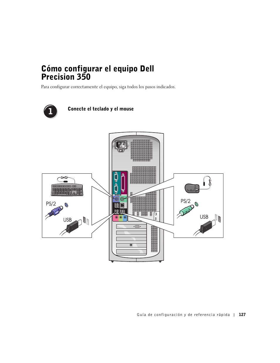 Cómo configurar el equipo dell precision 350, Conecte el teclado y el mouse | Dell Precision 350 User Manual | Page 127 / 148