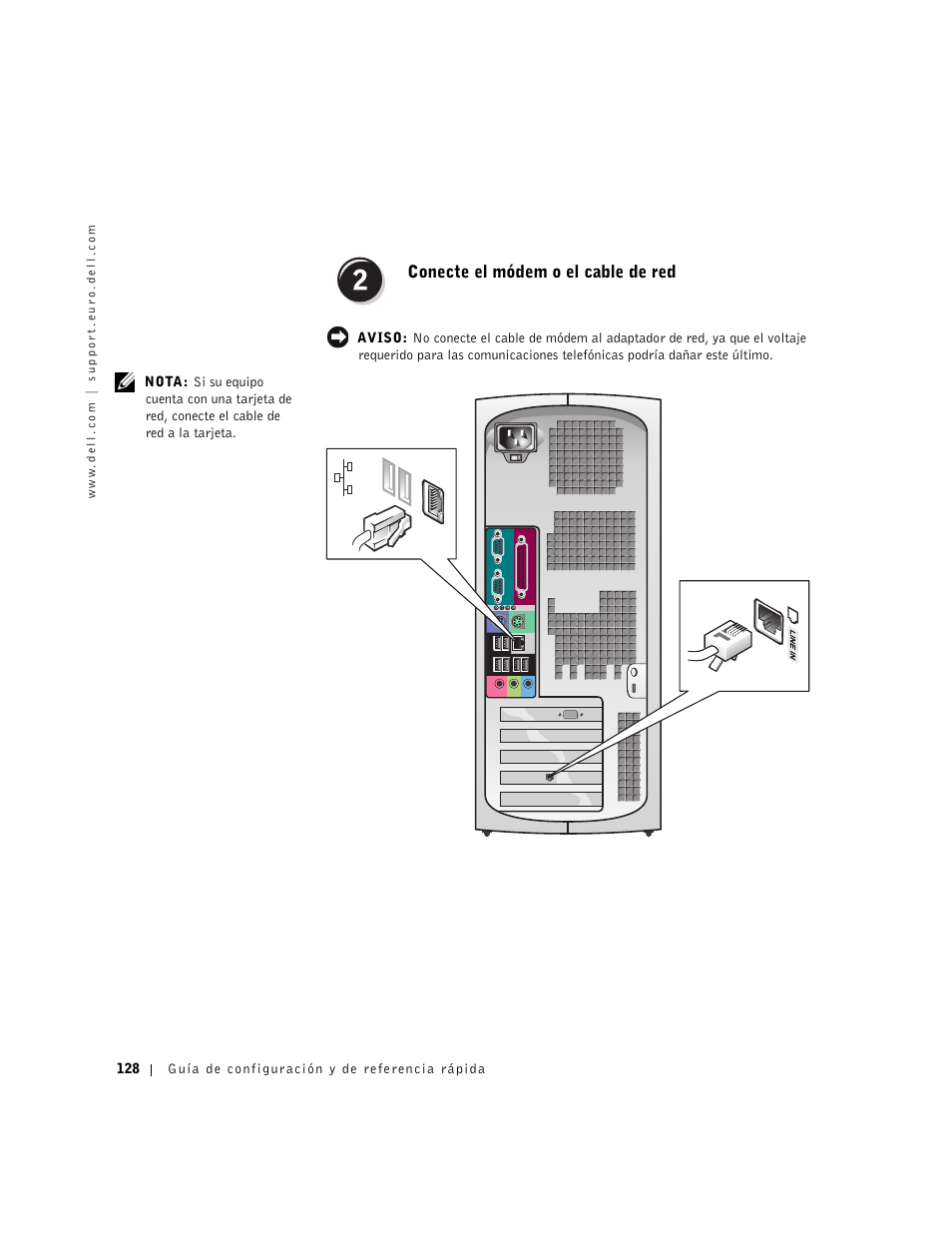 Conecte el módem o el cable de red | Dell Precision 350 User Manual | Page 128 / 148