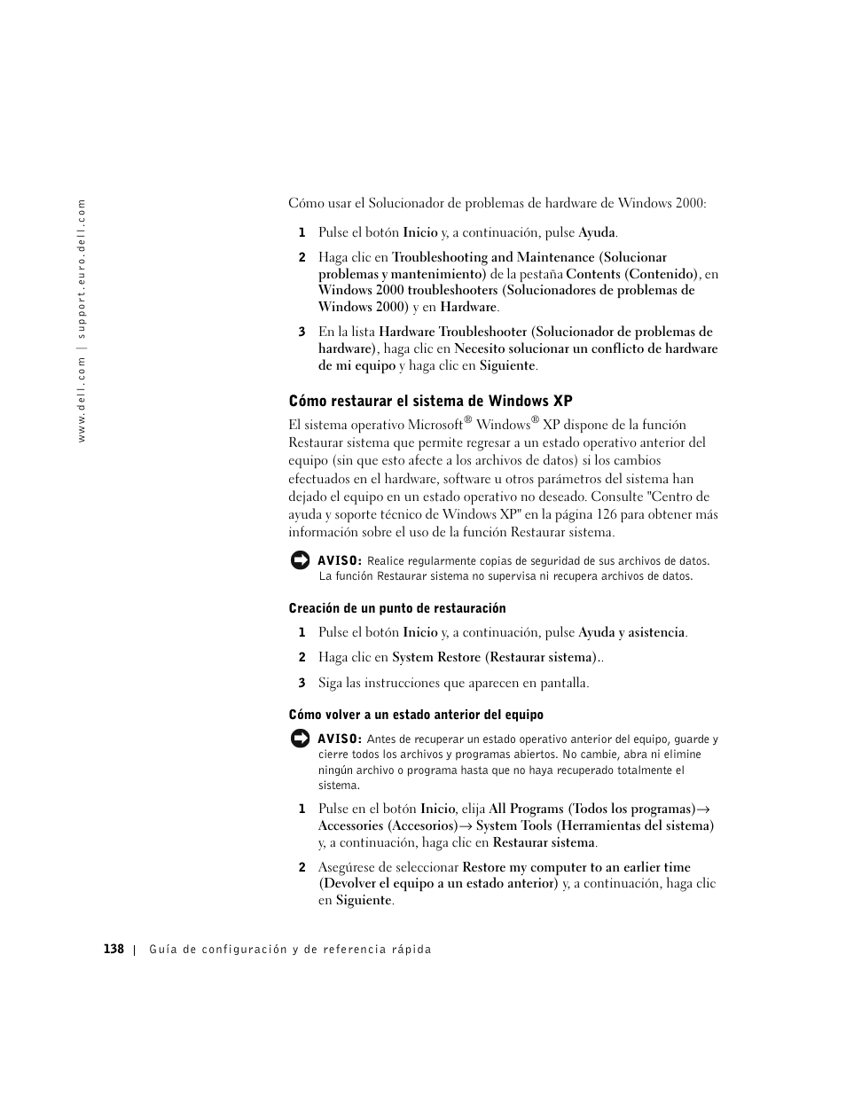 Cómo restaurar el sistema de windows xp | Dell Precision 350 User Manual | Page 138 / 148