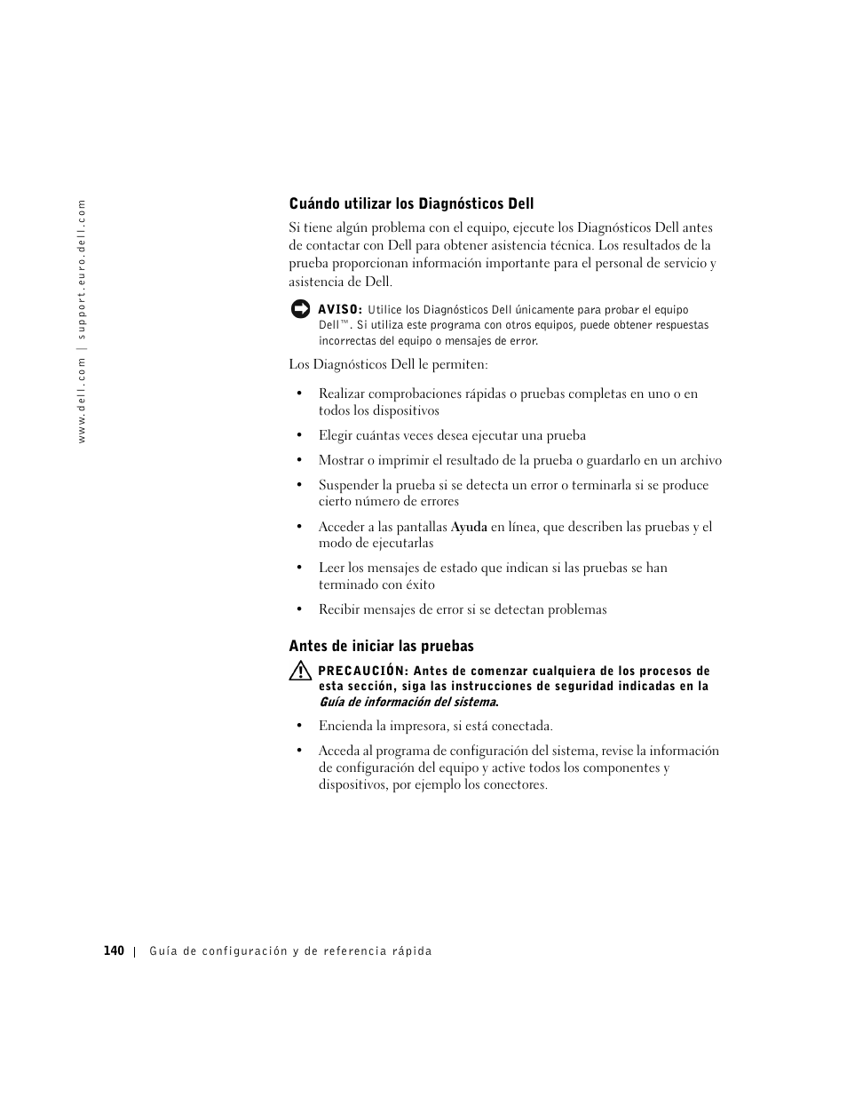 Cuándo utilizar los diagnósticos dell, Antes de iniciar las pruebas | Dell Precision 350 User Manual | Page 140 / 148