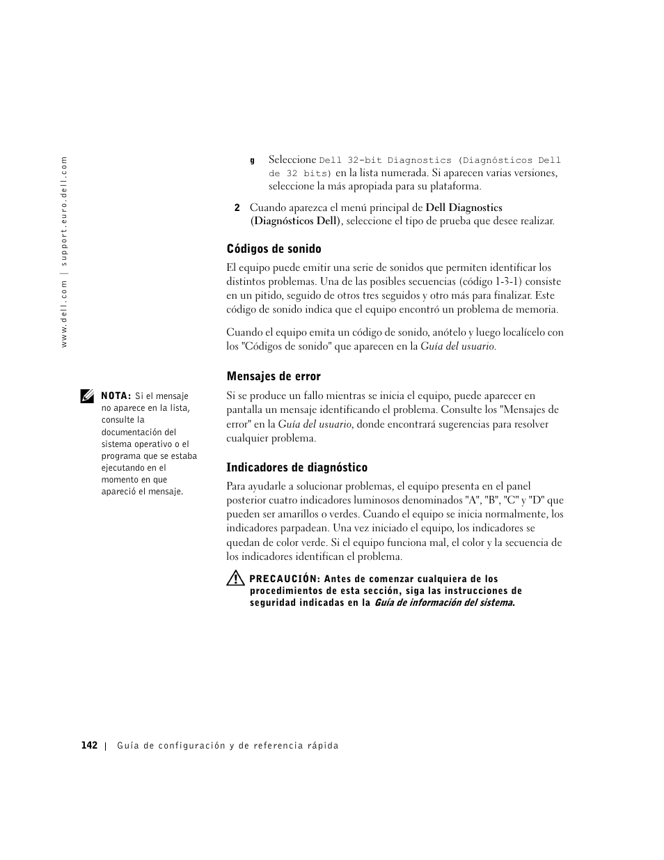 Códigos de sonido, Mensajes de error, Indicadores de diagnóstico | Dell Precision 350 User Manual | Page 142 / 148