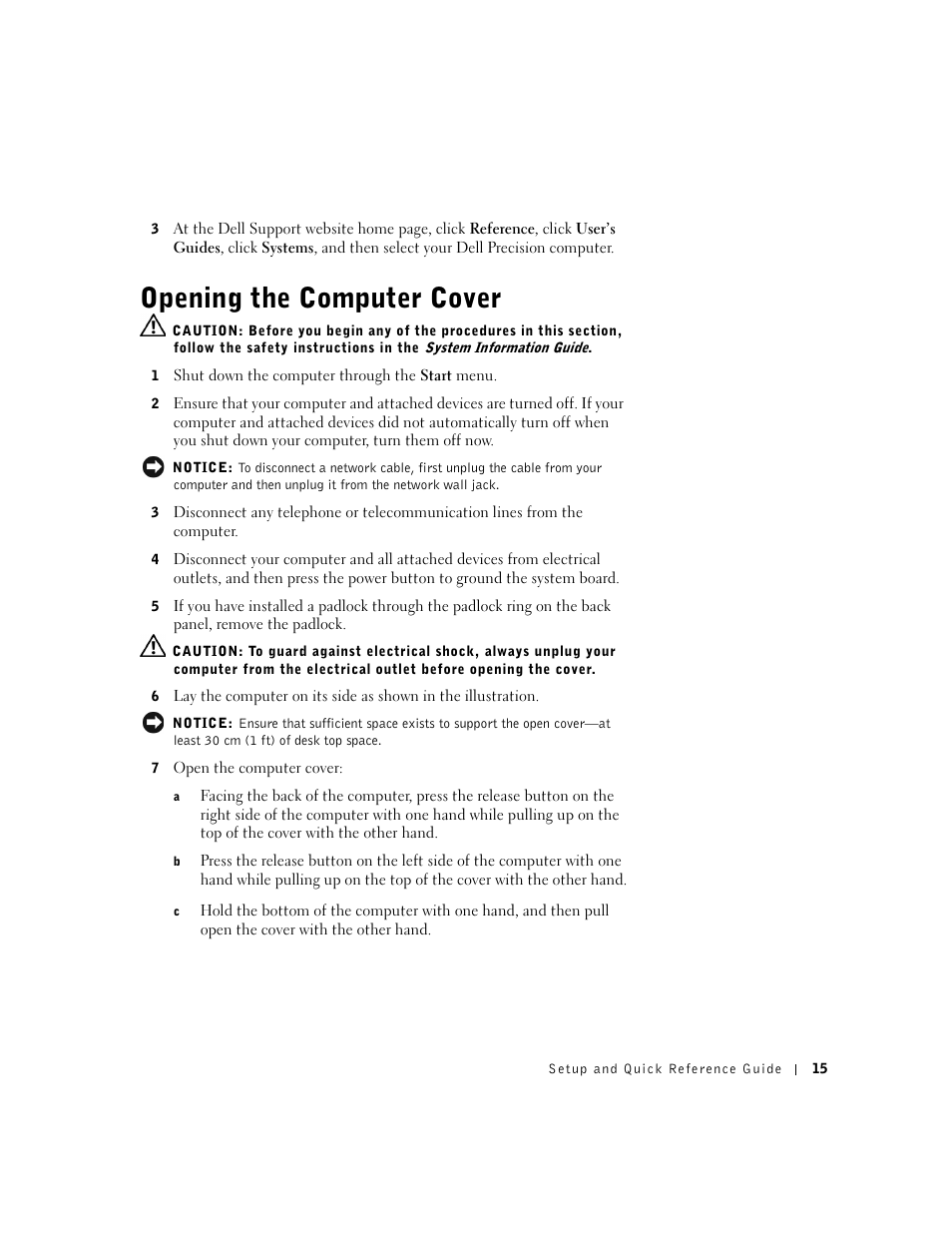 Opening the computer cover | Dell Precision 350 User Manual | Page 15 / 148