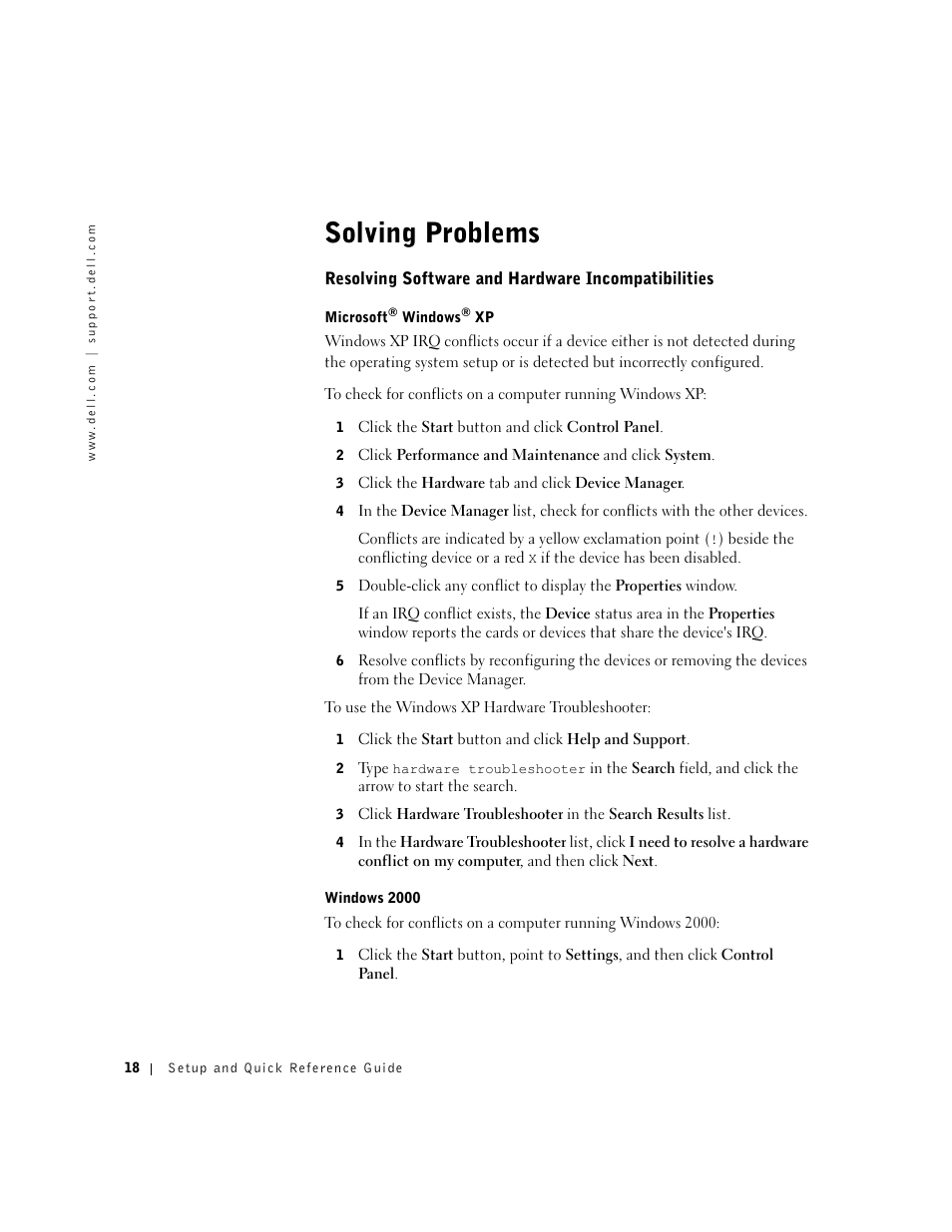 Solving problems, Resolving software and hardware incompatibilities | Dell Precision 350 User Manual | Page 18 / 148