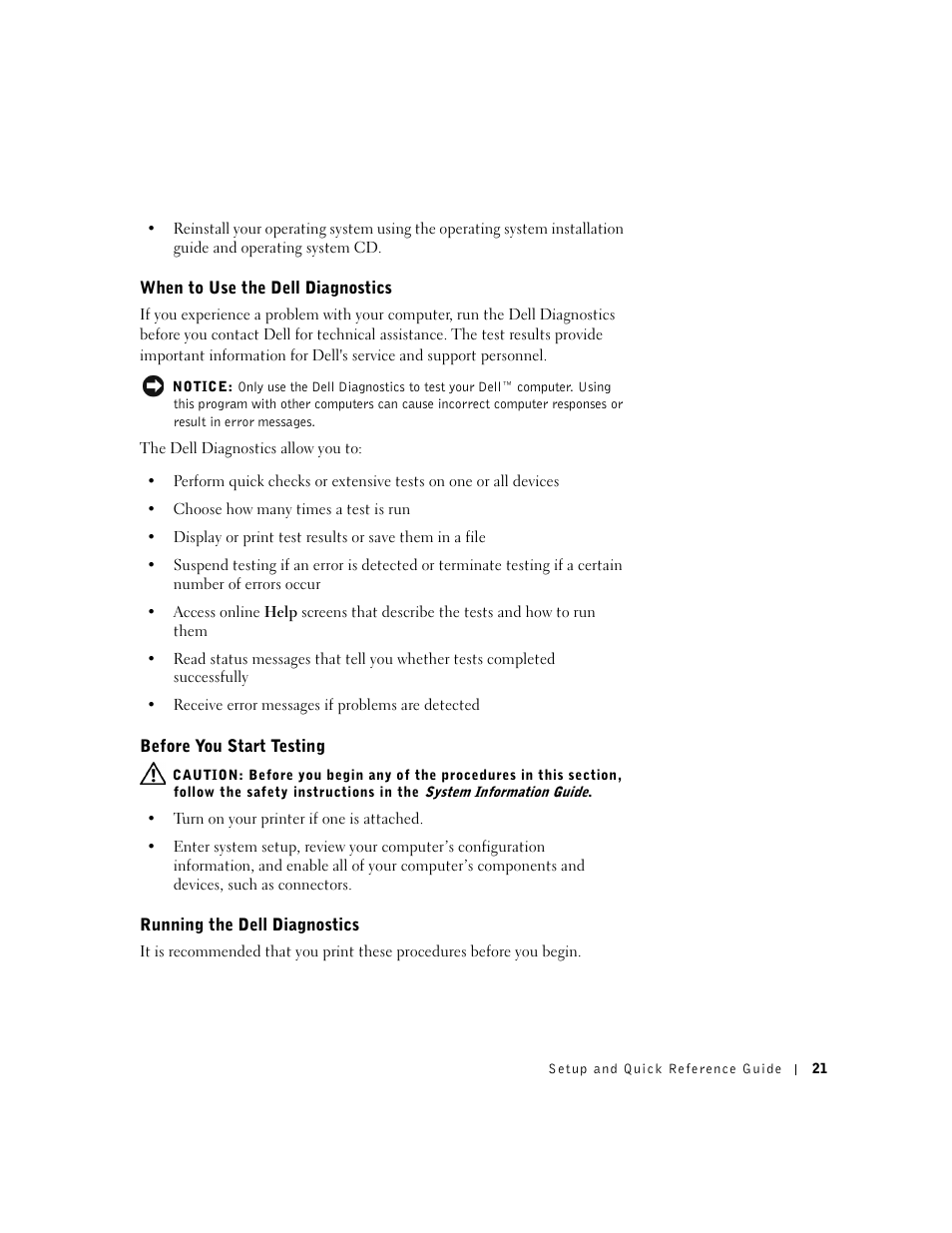 When to use the dell diagnostics, Before you start testing, Running the dell diagnostics | Dell Precision 350 User Manual | Page 21 / 148