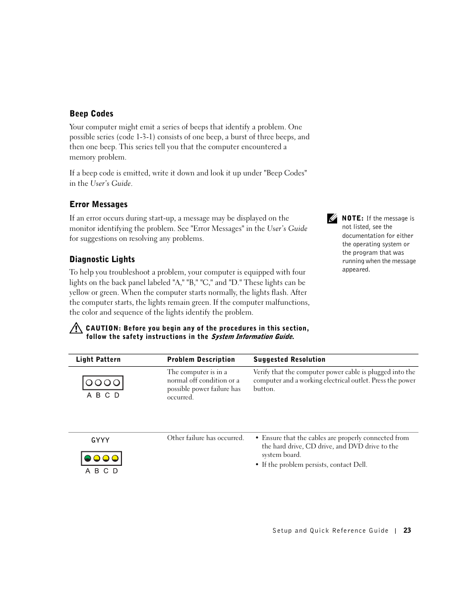 Beep codes, Error messages, Diagnostic lights | Dell Precision 350 User Manual | Page 23 / 148