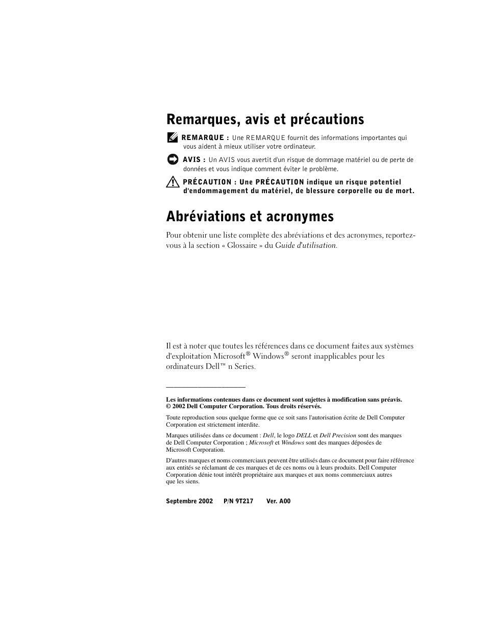 Remarques, avis et précautions, Abréviations et acronymes | Dell Precision 350 User Manual | Page 30 / 148