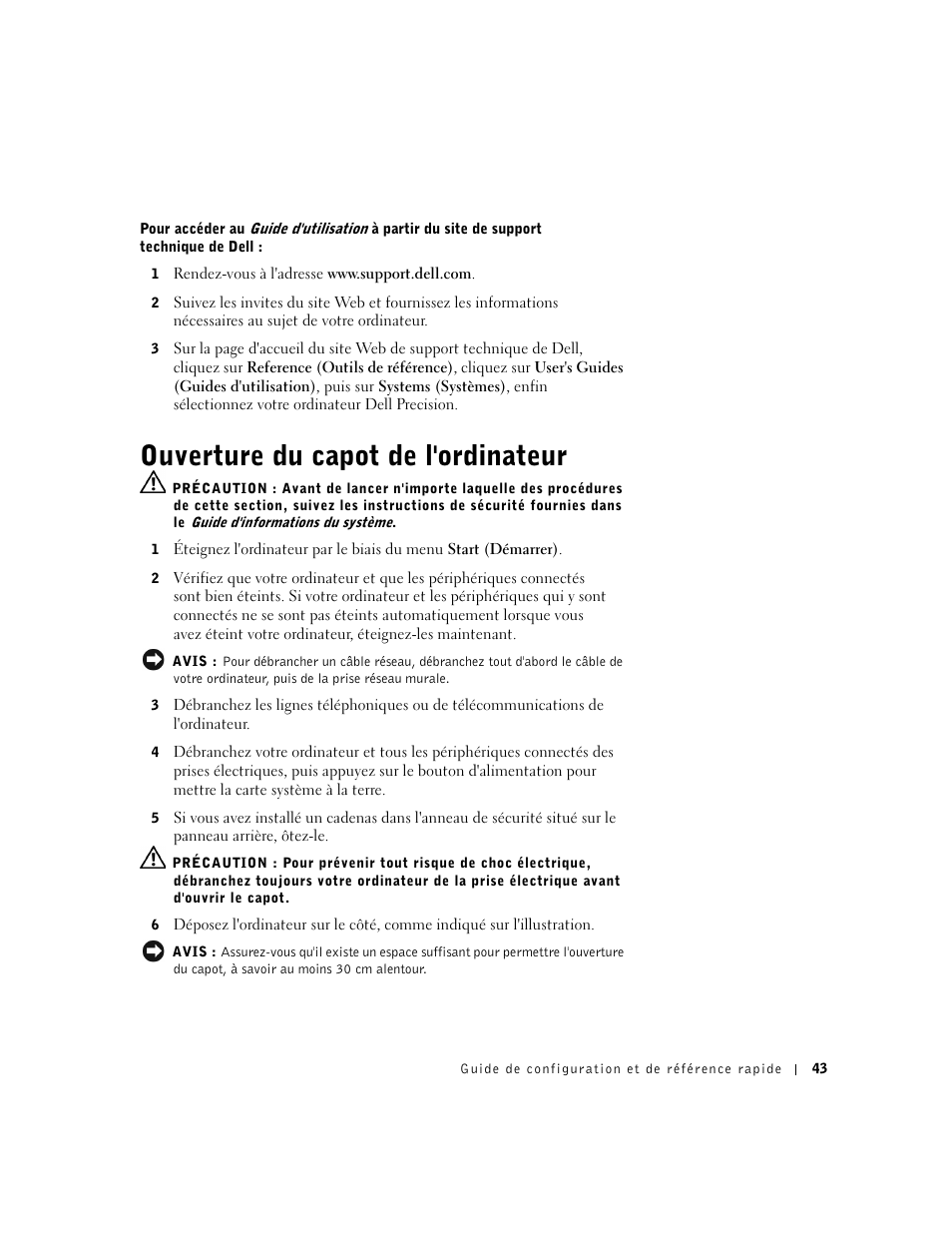 Ouverture du capot de l'ordinateur | Dell Precision 350 User Manual | Page 43 / 148