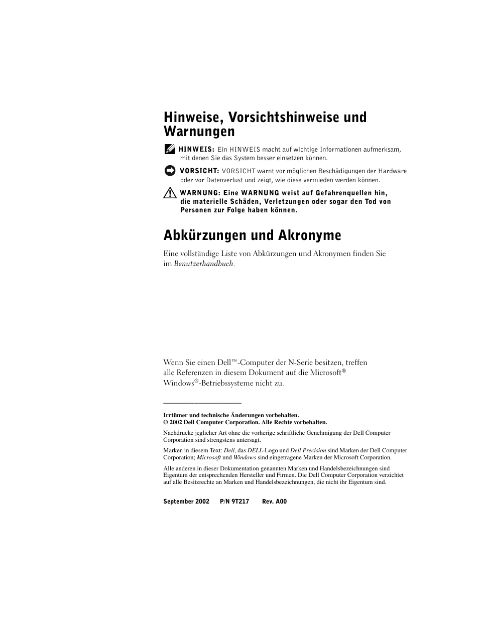 Hinweise, vorsichtshinweise und warnungen, Abkürzungen und akronyme | Dell Precision 350 User Manual | Page 60 / 148