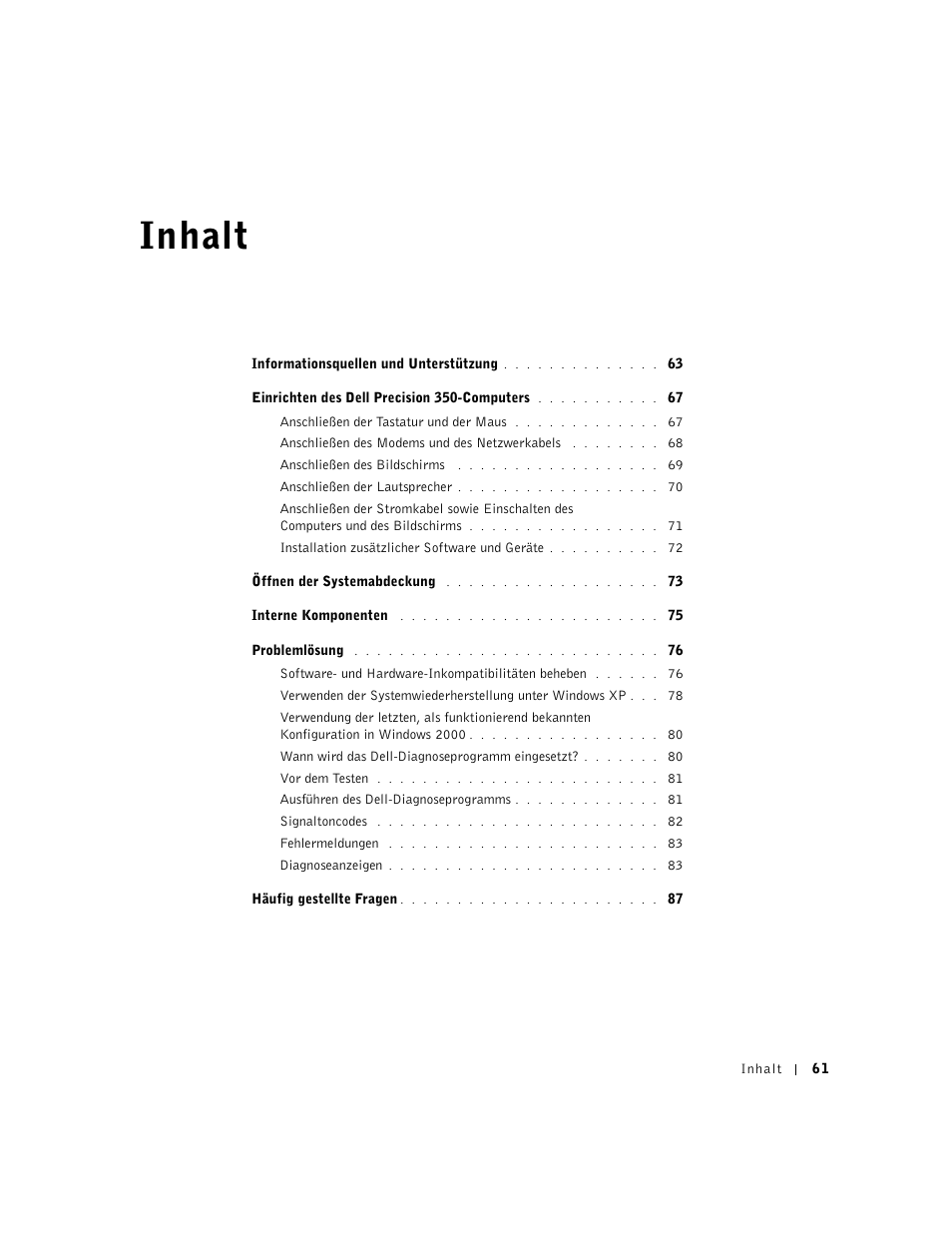 Inhalt | Dell Precision 350 User Manual | Page 61 / 148