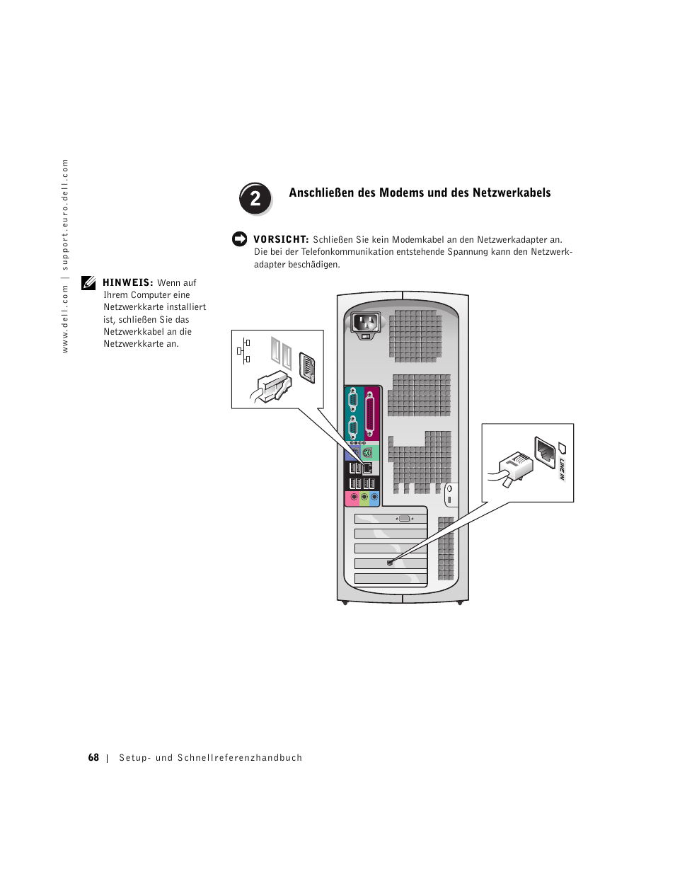 Anschließen des modems und des netzwerkabels | Dell Precision 350 User Manual | Page 68 / 148