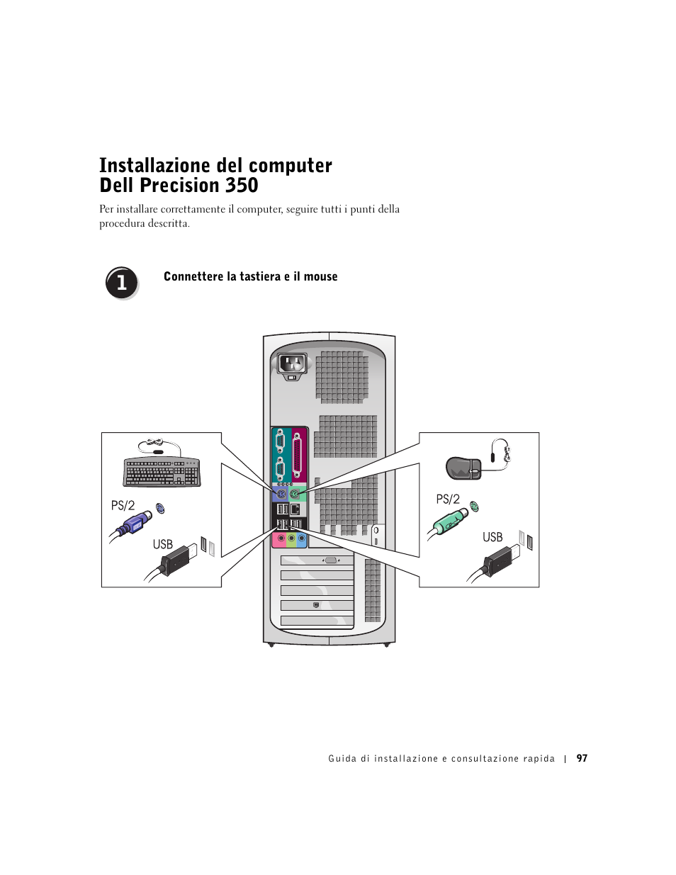 Installazione del computer dell precision 350, Connettere la tastiera e il mouse | Dell Precision 350 User Manual | Page 97 / 148