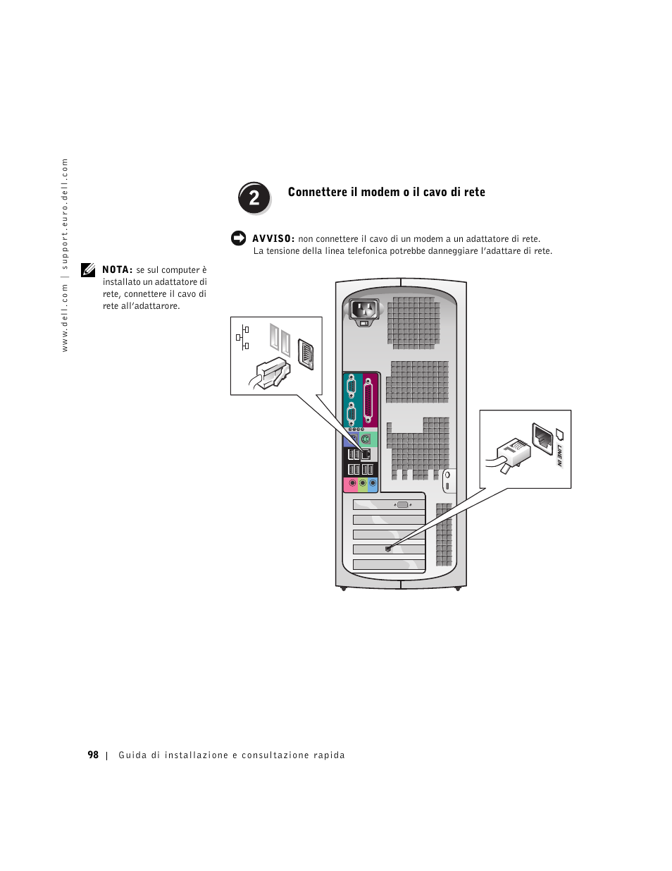 Connettere il modem o il cavo di rete | Dell Precision 350 User Manual | Page 98 / 148