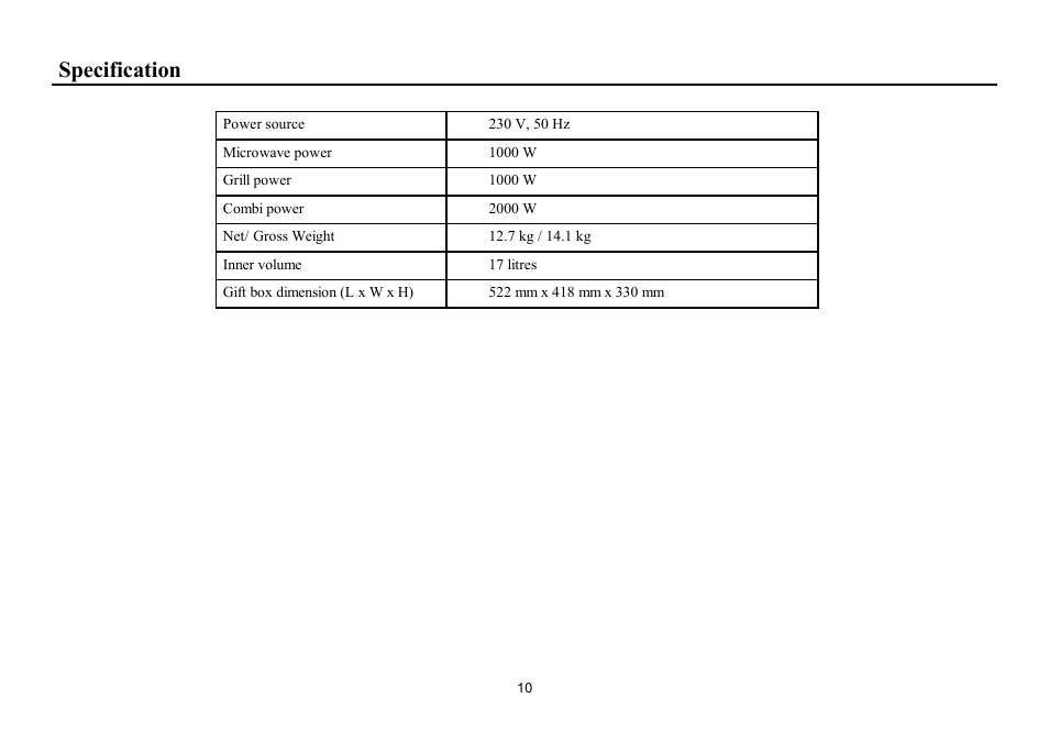 Specification | Hyundai H-MW1717 User Manual | Page 10 / 19