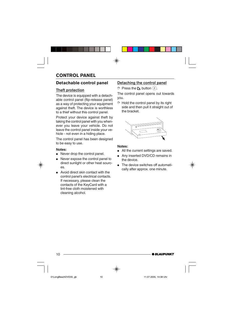 Control panel, Detachable control panel | Blaupunkt LONG BEACH DVD35 User Manual | Page 10 / 65