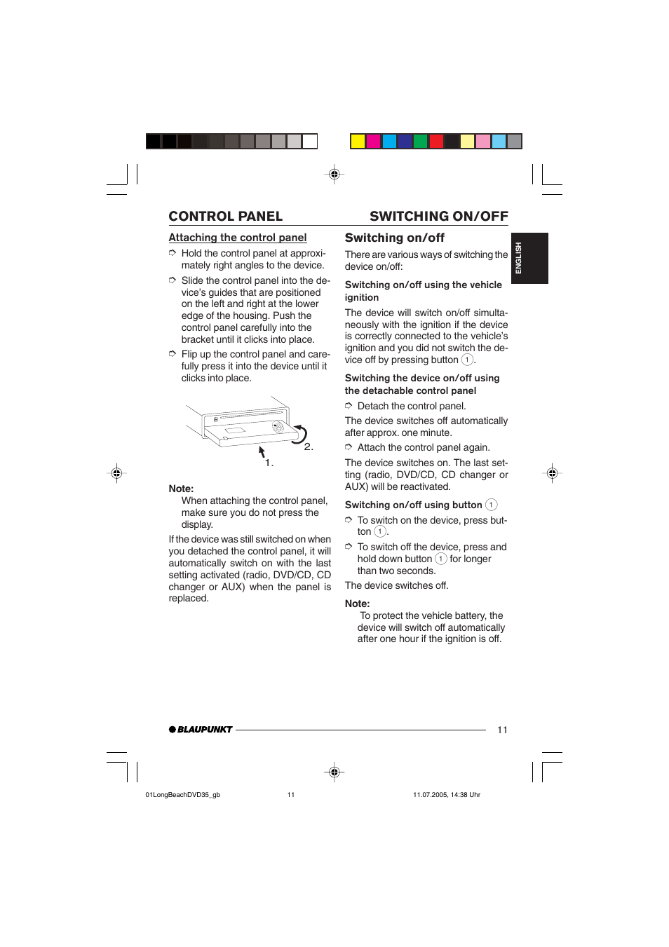 Switching on/off control panel | Blaupunkt LONG BEACH DVD35 User Manual | Page 11 / 65