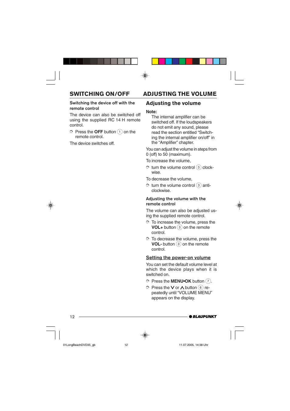 Adjusting the volume switching on/off | Blaupunkt LONG BEACH DVD35 User Manual | Page 12 / 65