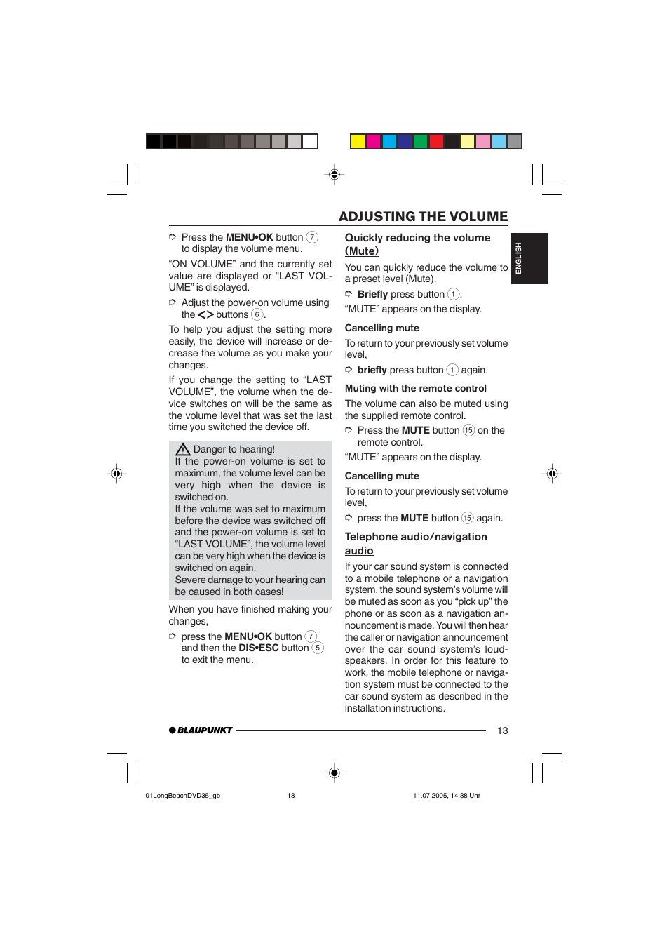 Adjusting the volume | Blaupunkt LONG BEACH DVD35 User Manual | Page 13 / 65