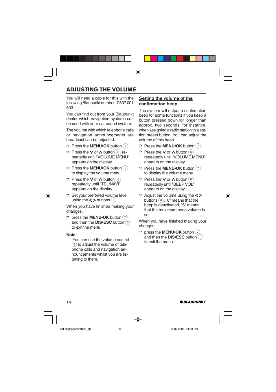 Adjusting the volume | Blaupunkt LONG BEACH DVD35 User Manual | Page 14 / 65